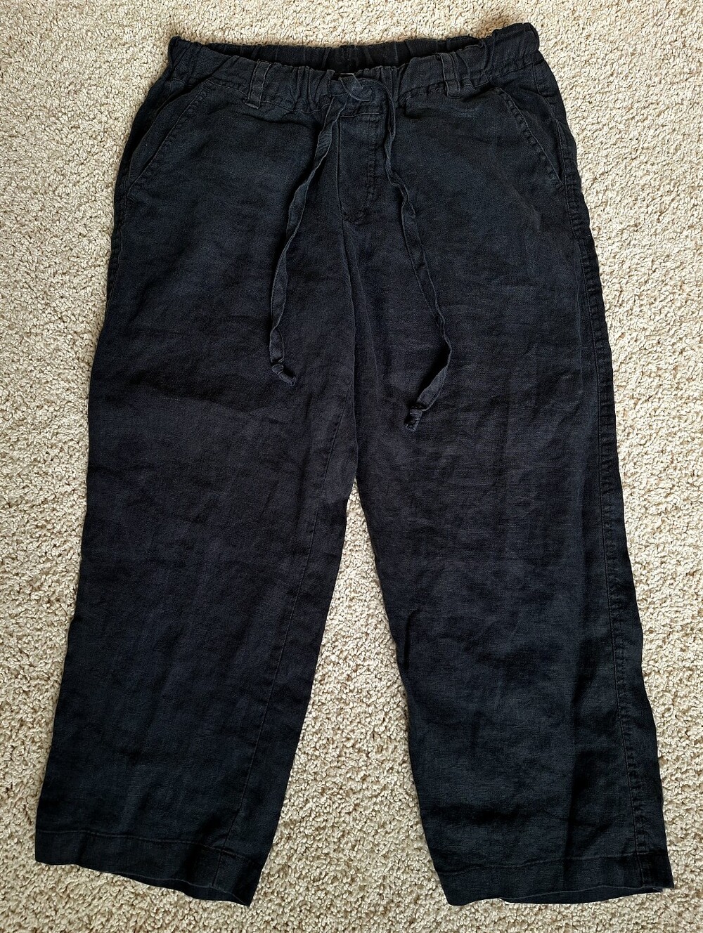 Allen Allen Women's Black Cropped Wide Leg Linen Drawstring Pull On Pants Small